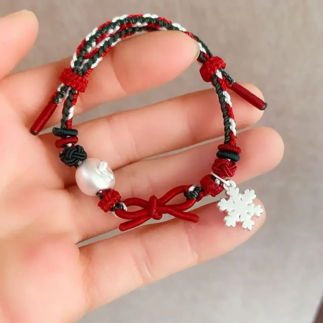 吊坠足银  【圣诞雪花】红绳本命年手工可调节平安果手绳大人小孩