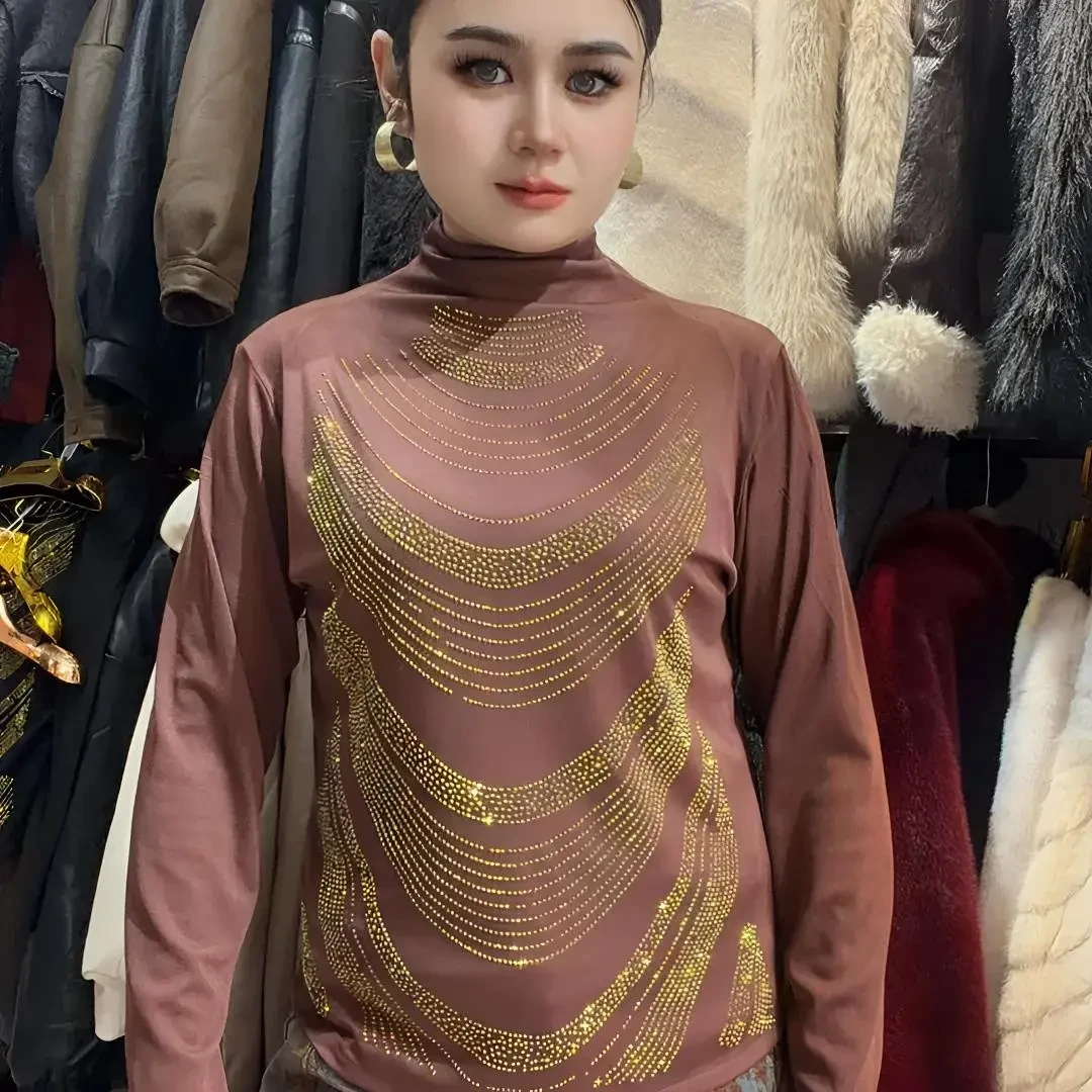 时尚中老年妈妈秋冬德绒烫钻半高领长袖打底上衣