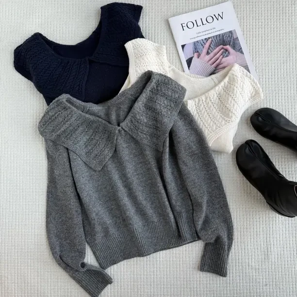 2025秋季新款韩版百搭气质毛衣女显瘦时尚设计感翻领针织长袖上衣