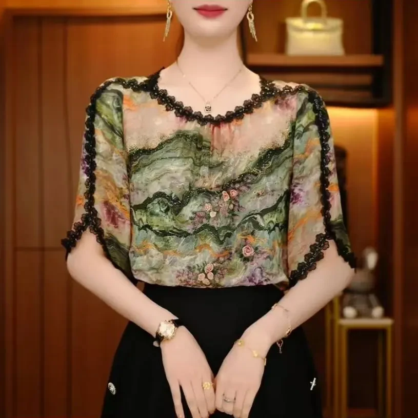 时尚夏季妈妈女装洋气百搭显瘦设计短袖套头圆领宽松遮肉上衣小衫