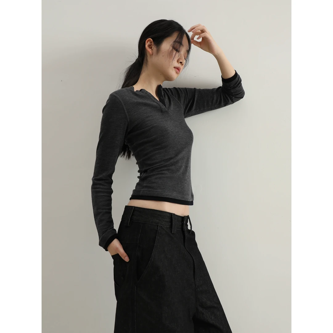 MASONPRINCE*你每天必须穿 亨利领保温弹力舒适羊毛两件式内搭Tee