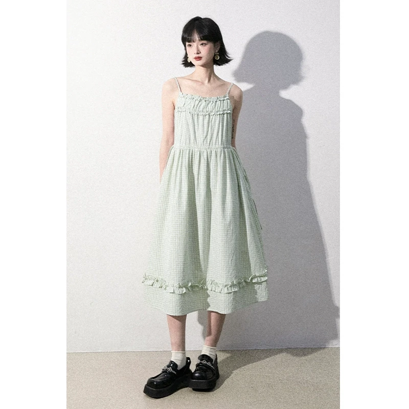 绿色格纹无袖吊带裙春夏收腰荷叶边碎褶连衣裙