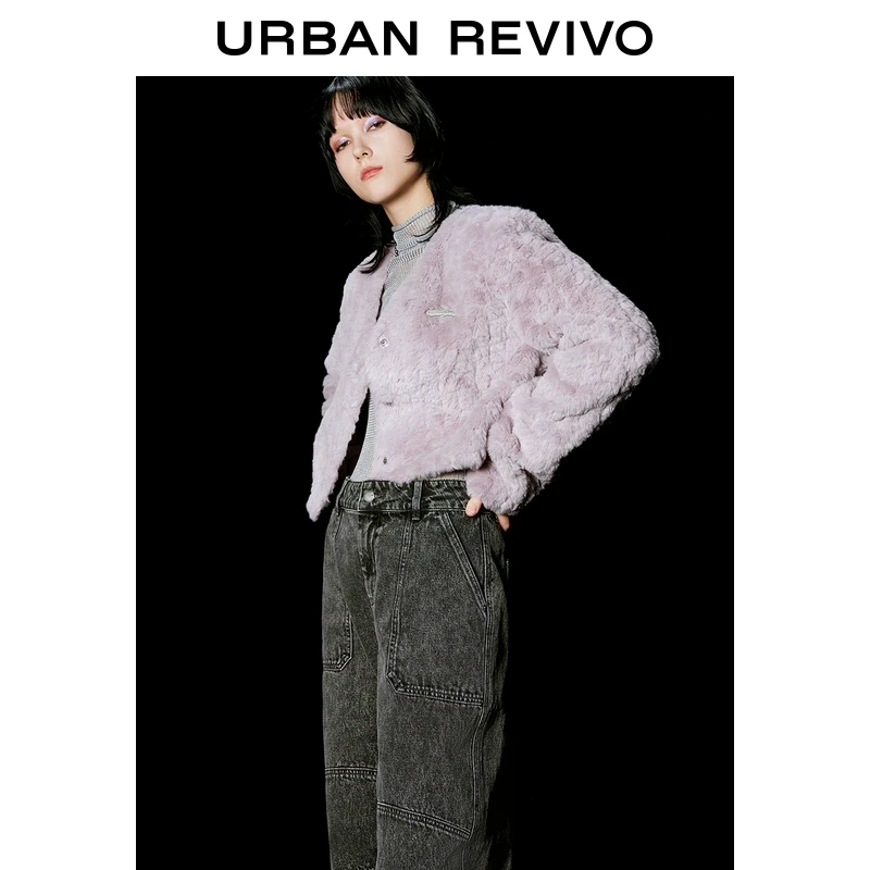 UR2024春季新款女装轻熟名媛风毛毛铁标装饰V领外套UWV140007