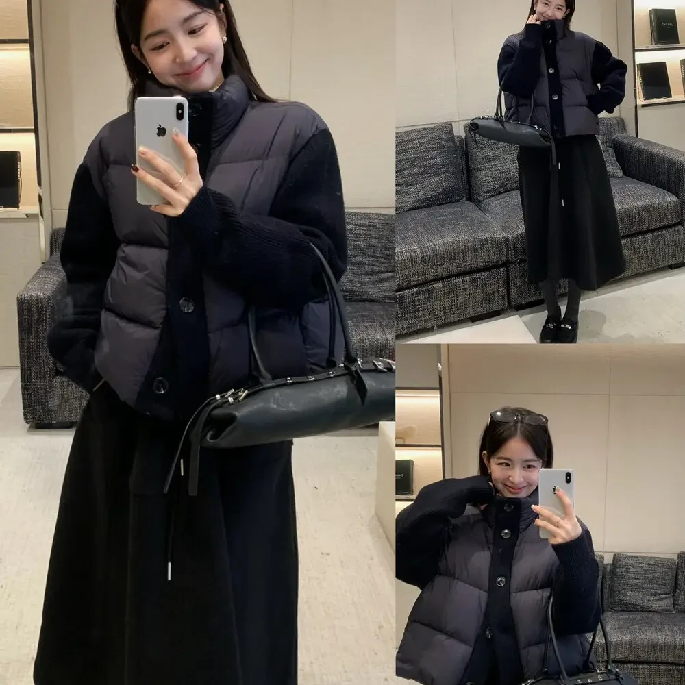 短款中等厚度纯色厚款拼接宽松立领毛领修身