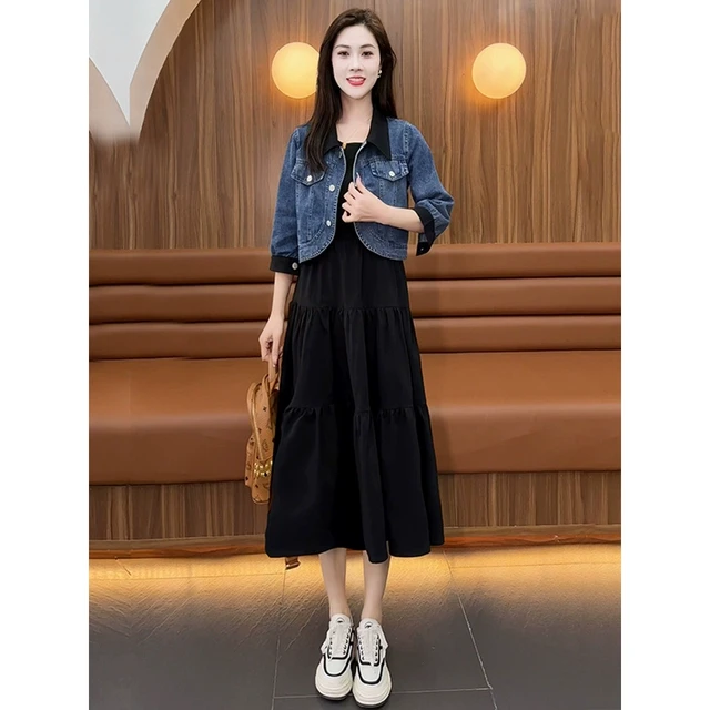 牛仔套装女秋季搭配一整套2024新款时尚洋气短款外套连衣裙两件套