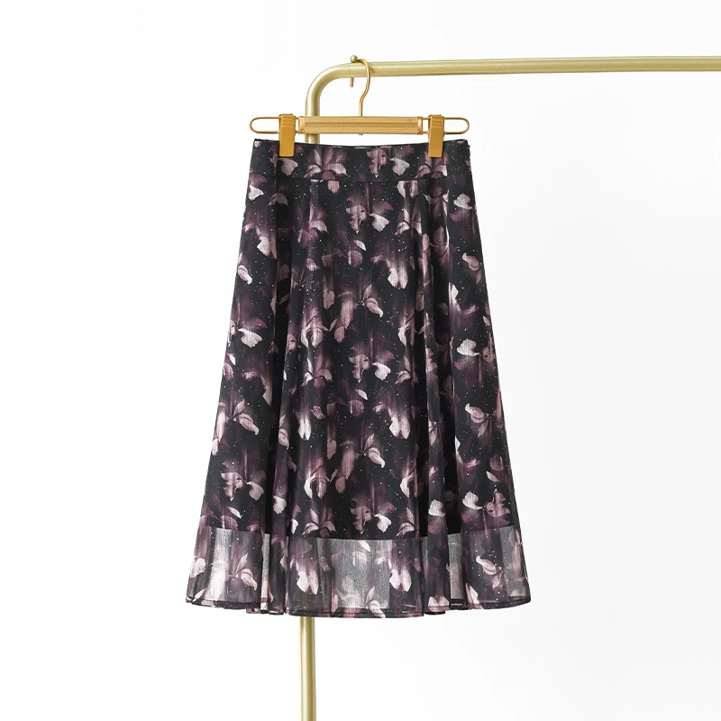 卓素艺紫色碎花半身裙女2025新款夏季高腰显瘦伞裙中长款雪纺裙子