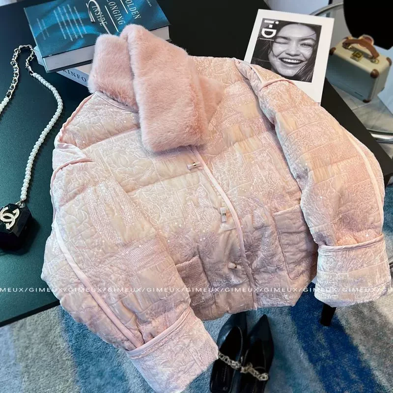 新中式国风丝绒外套女2024冬新款高级感盘扣刺绣配毛领加厚棉服