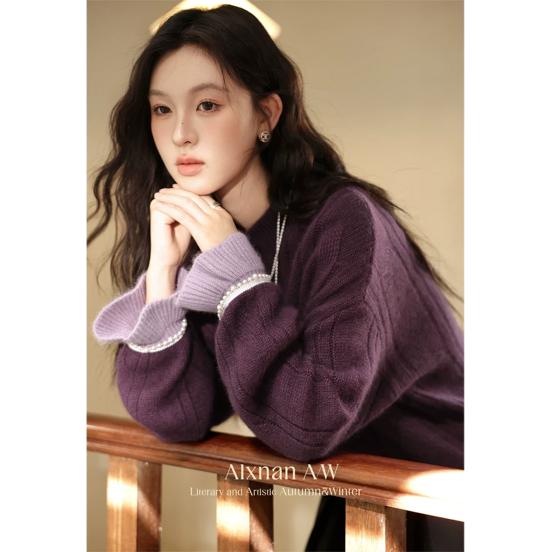 鹿向南「紫罗兰」紫色慵懒感毛衣2024秋冬加厚宽松新款女款L51906