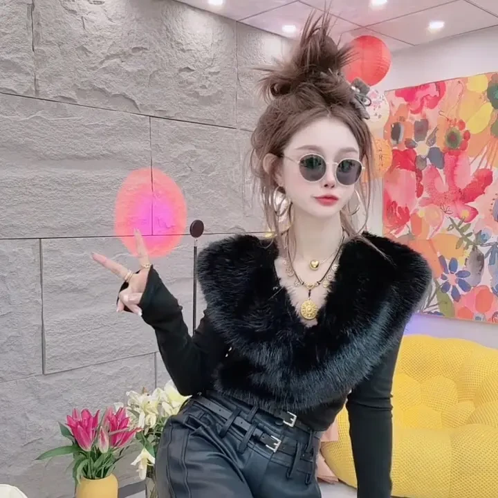 潮流轻熟风时髦拼接V领小衫秋冬新款精致洋气修身显瘦上衣女