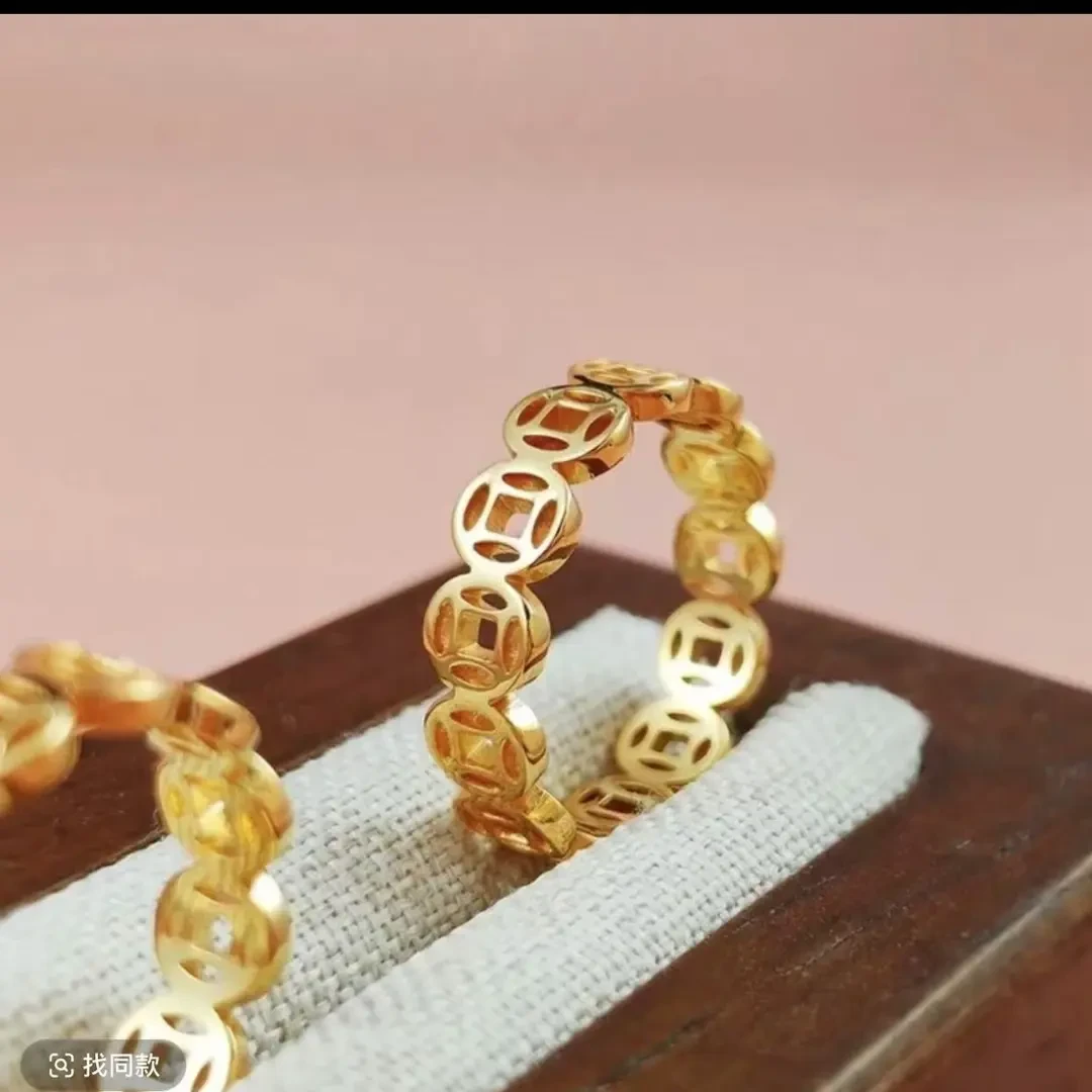 钛钢戒指 复古铜钱钱多多戒指高级感轻奢女男士素圈金色小众情侣