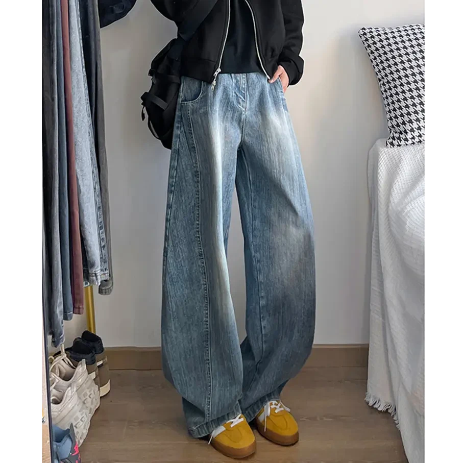 蓝色廓形弯刀牛仔裤男款秋冬美式水洗解构阔腿裤子高街微喇直筒裤