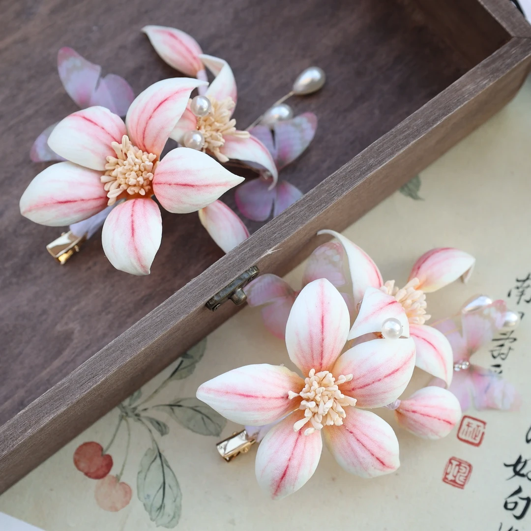 古风汉服花朵仿绒花粉色汉服国风发饰簪花仿真绢花发饰