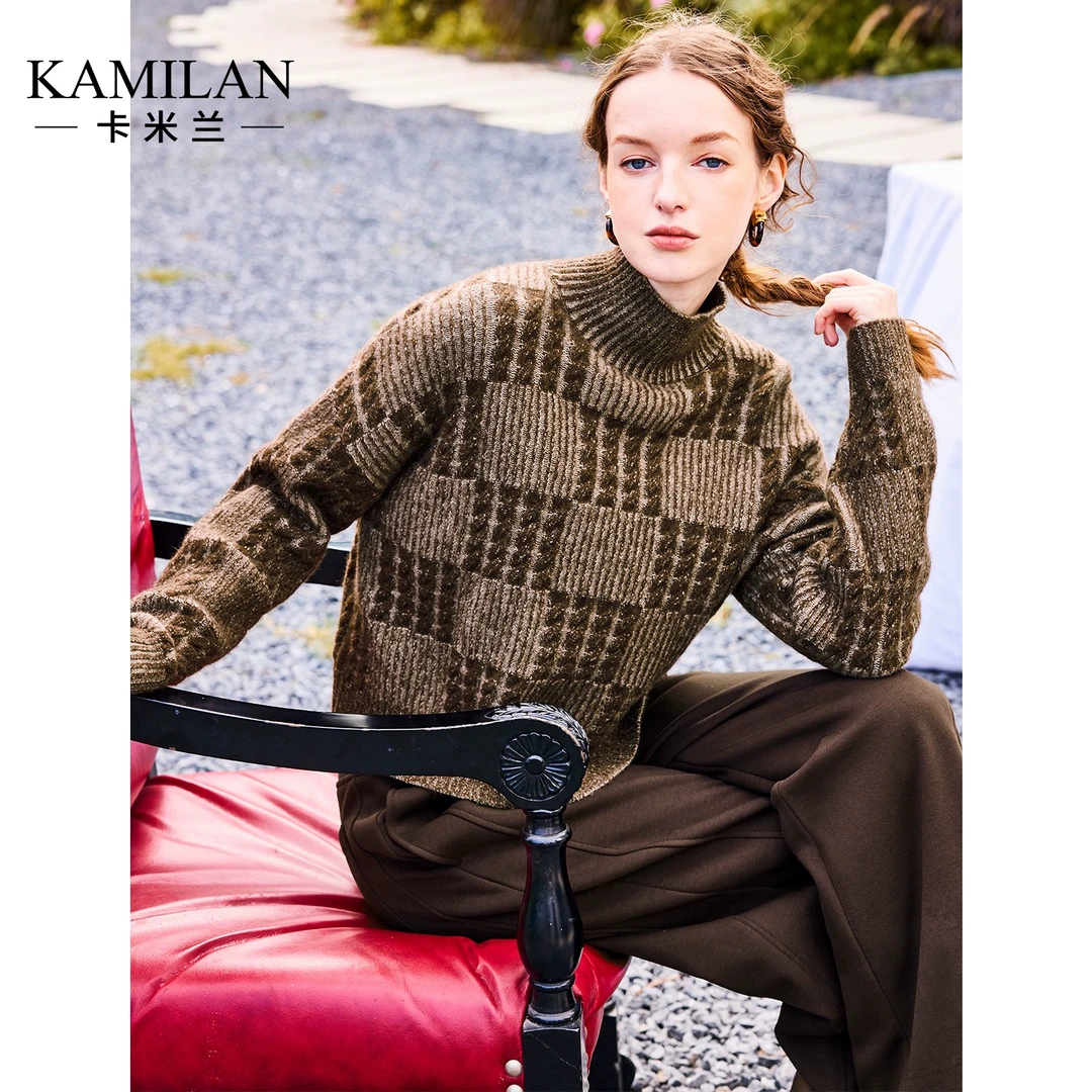 [羊毛x牦牛绒]卡米兰短款格子羊毛打底衫女2024秋冬新款毛衣上衣
