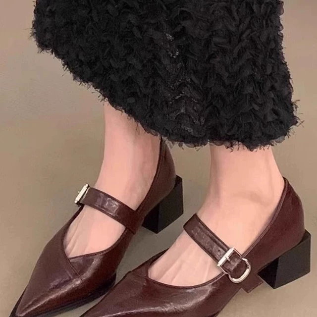 真皮粗跟小皮鞋女2025春季新款配裙子单鞋法式尖头玛丽珍中跟女鞋