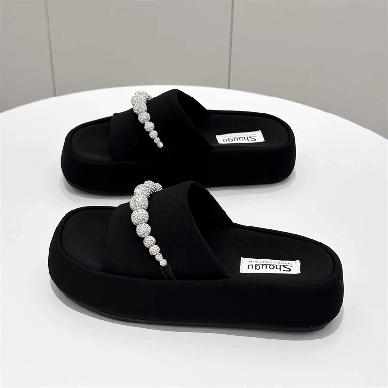 爆款凉拖鞋女2025夏季新款丝绒一字型圆头露趾水钻球厚底一字拖鞋