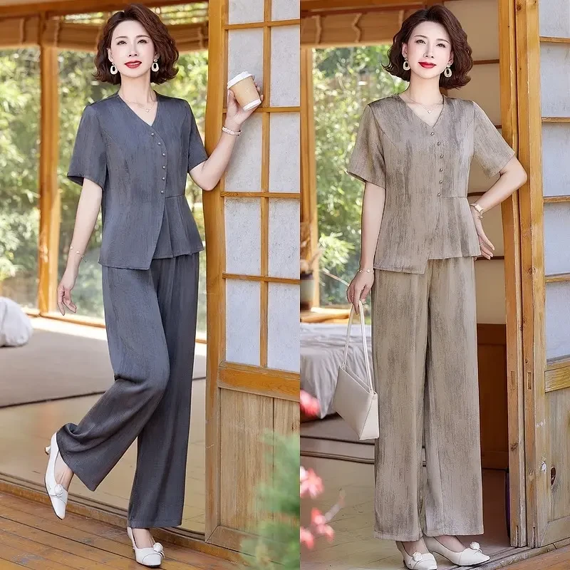 2025新款夏季洋气妈妈装套装中年气质减龄九分显瘦中老年大码休闲
