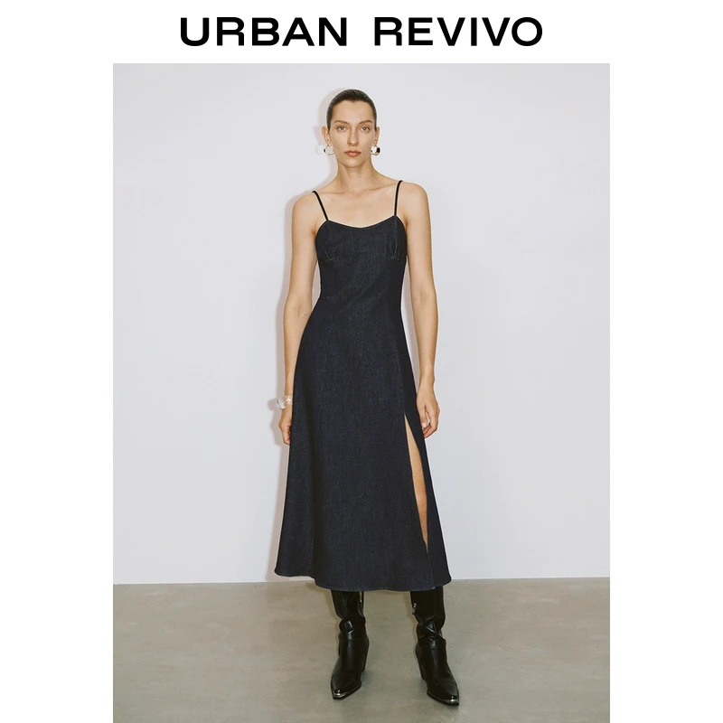 UR2025春季新款女装欧若风复古休闲修身吊带牛仔连衣裙UWM850047