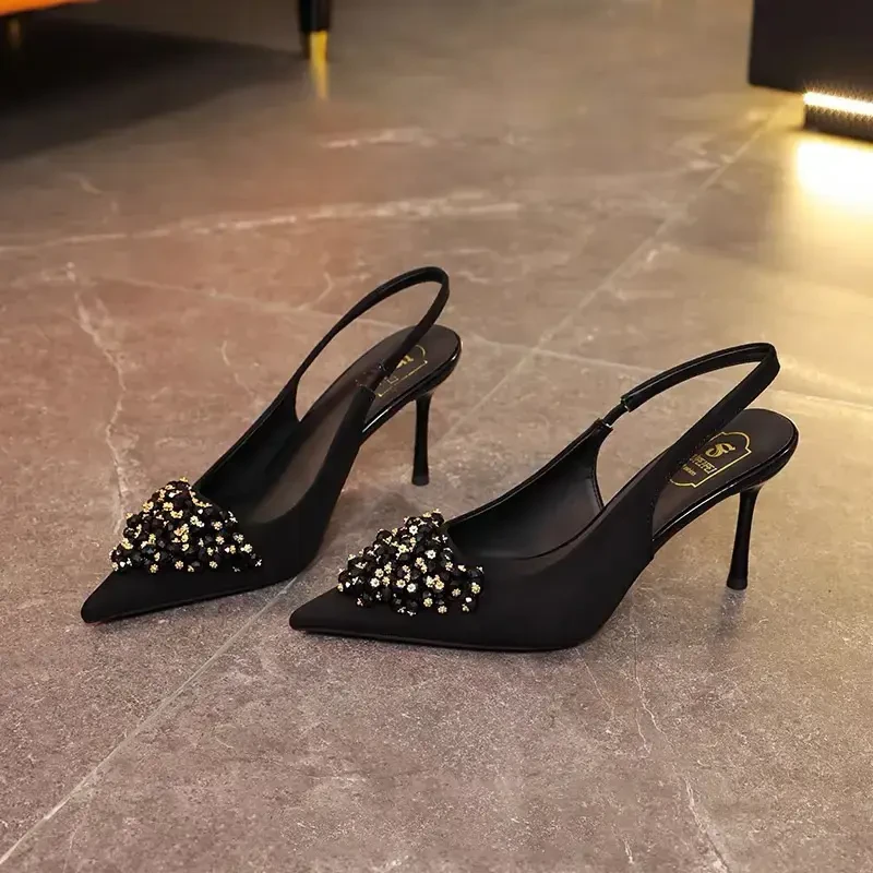 5-8cm绝美夏季新款尖头细跟单鞋后空女士水钻装饰浅口高跟鞋女