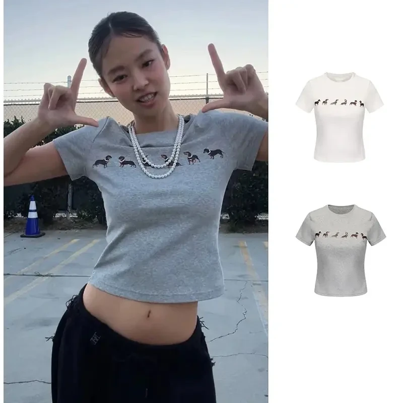 韩版运动辣妹t恤夏季显瘦高腰短款紧身修身设计感ins百搭圆领上衣