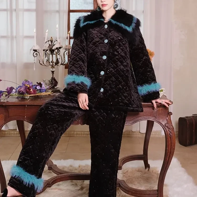 Az,极光之夜丝绒撞色三层加厚夹棉宽松加绒女士家居服套装冬新