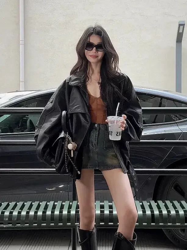 黑色皮衣宽松休闲夹克春秋款百搭炸街女款外套气质网红美式机车服