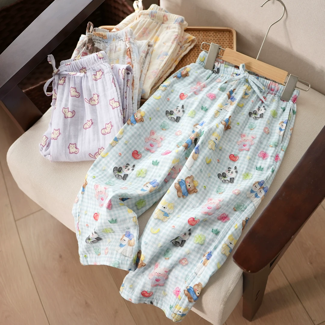 A类亲子款 儿童全棉水洗双层纱布家居裤 男女童纯棉睡裤 25063