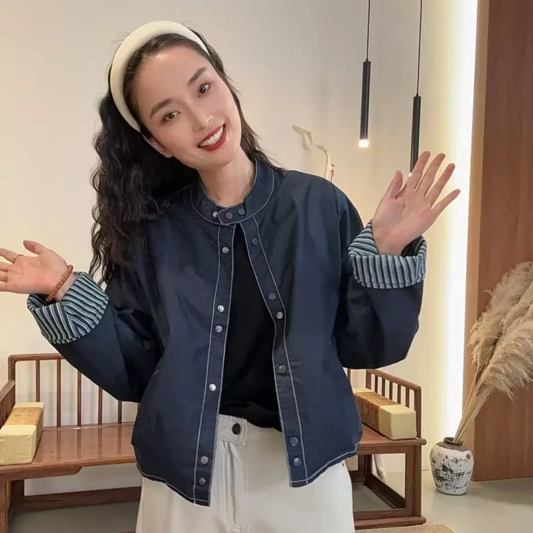 D210-港风春秋休闲圆领落肩袖短外套气质短款百搭宽松