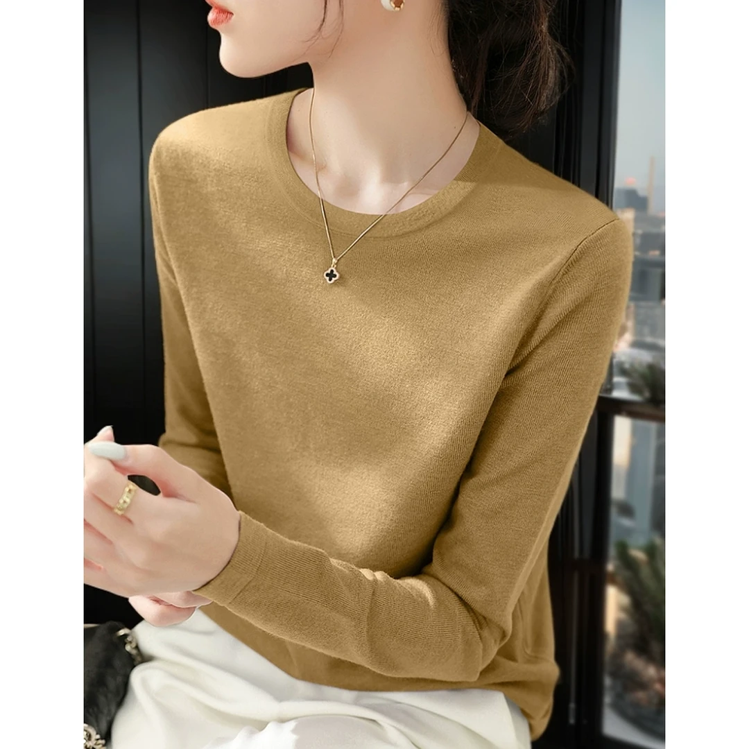 2025年圆领套头长袖打底上衣新款时尚秋冬慵懒风百搭修身针织衫女