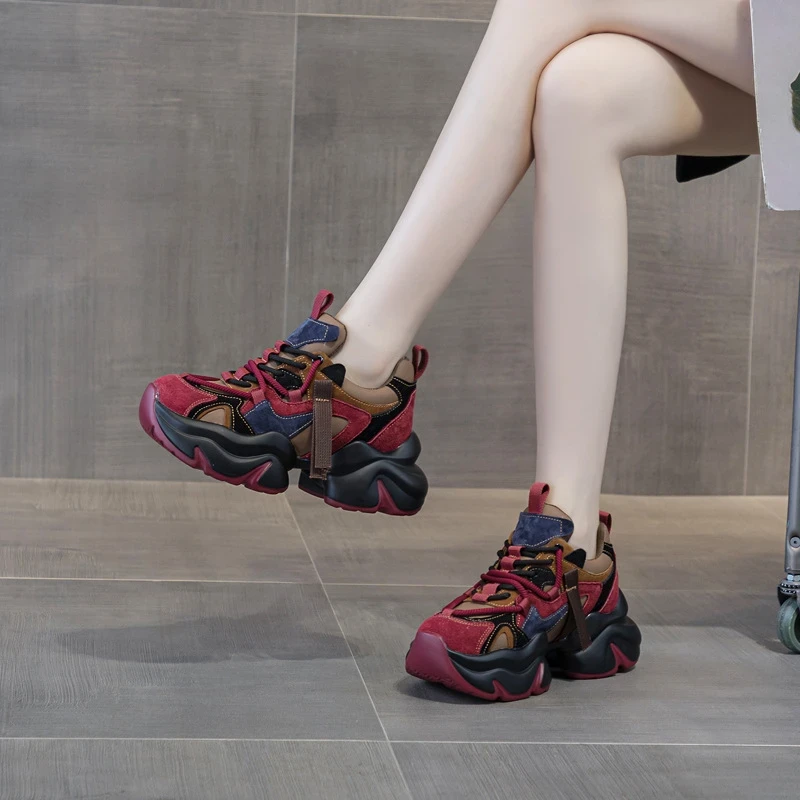 厚底拼色增高老爹鞋女2026秋冬新款加绒松糕鞋复古真皮休闲运动鞋