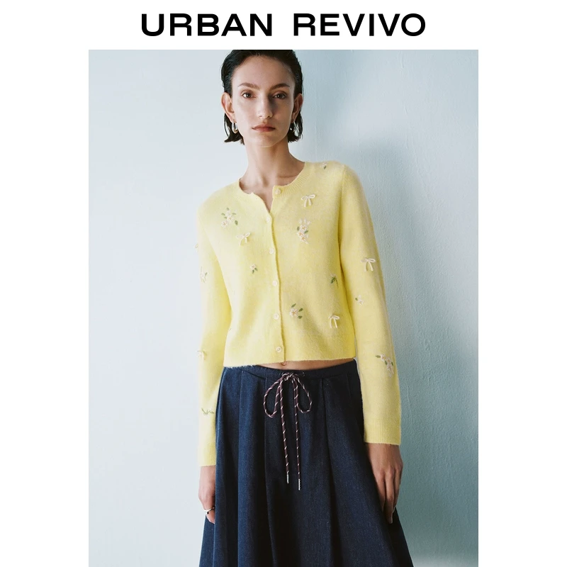 UR2025秋季新款女装减龄休闲蝴蝶结刺绣针织开衫UYY950016