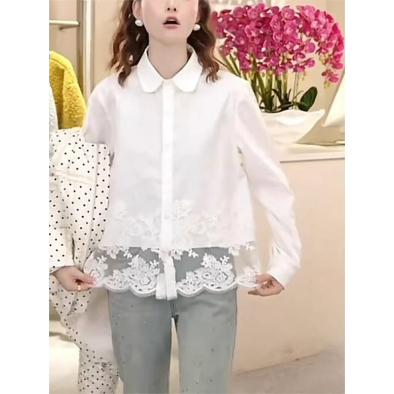 大码女装2025春季新款设计感桃心领时尚镂空拼接蕾丝勾花衬衫长袖
