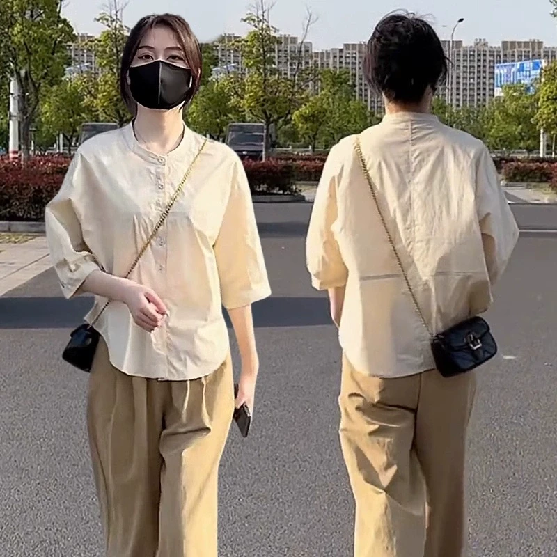 中袖衬衫百搭九分哈伦裤套装女春超火圆领七分袖衬衣休闲裤两件套