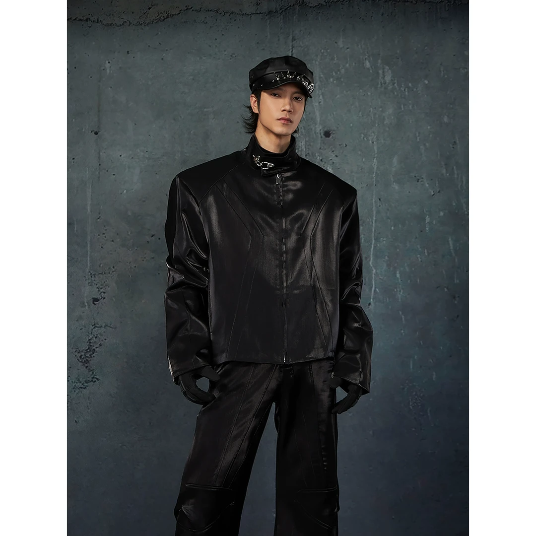 无人孤岛 新中式亮面液态流光光感立领拉链外套宽松休闲短款上衣