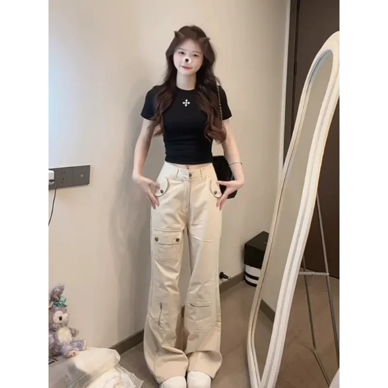 【破价+运费险】美式多口袋工装牛仔裤女夏季新款显瘦微喇拖地长裤