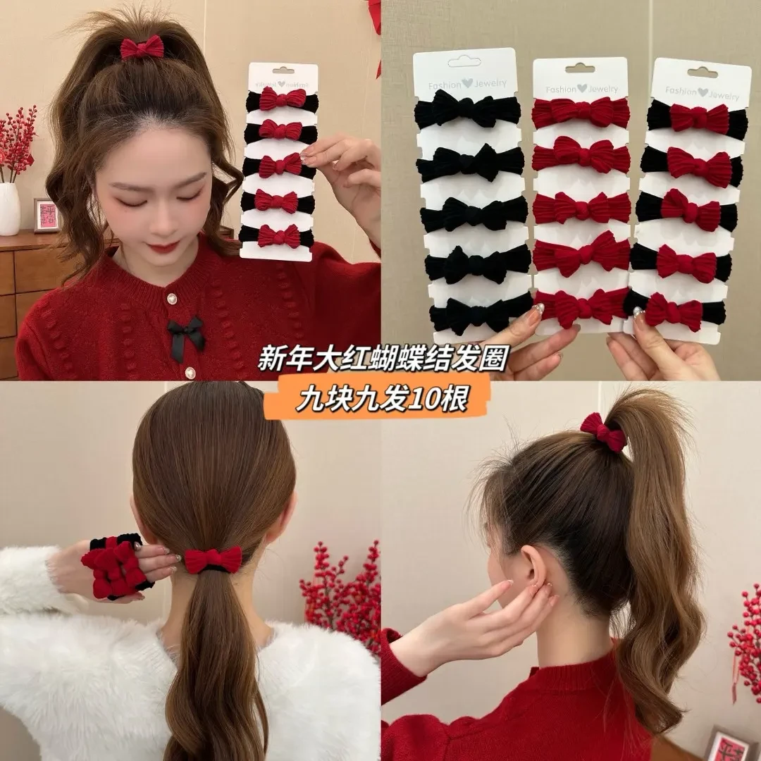 新年高品质蝴蝶结红色发绳秋冬加粗加厚高弹力发圈扎头绳马尾简约