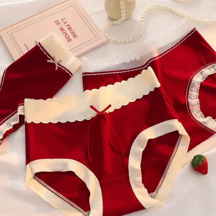 女士无痕中腰收腹内裤纯棉抗菌蕾丝全棉红色内裤蛇年喜庆三角裤女
