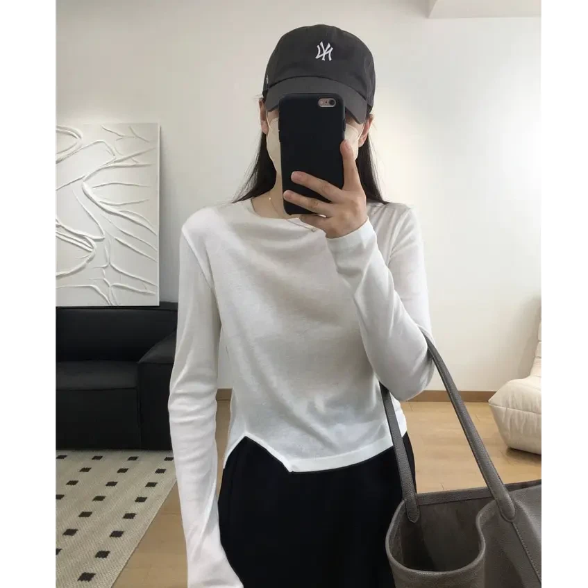 白色开叉短款T恤女春秋季新款圆领长袖时尚百搭收腰显瘦洋气上衣