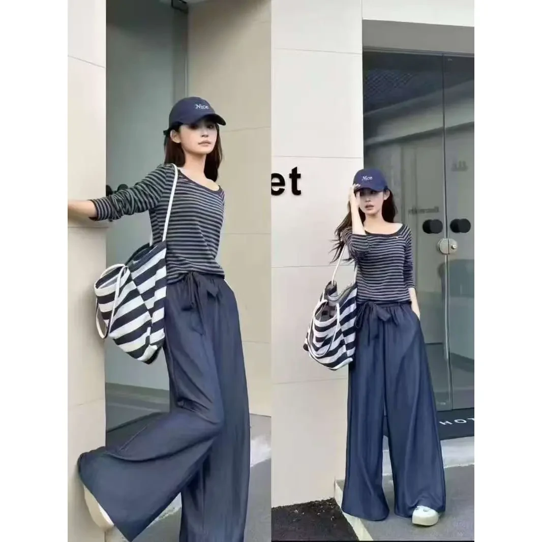 2025初秋新款时尚韩版长袖条纹上衣洋气高腰系带阔腿裤两件套装女