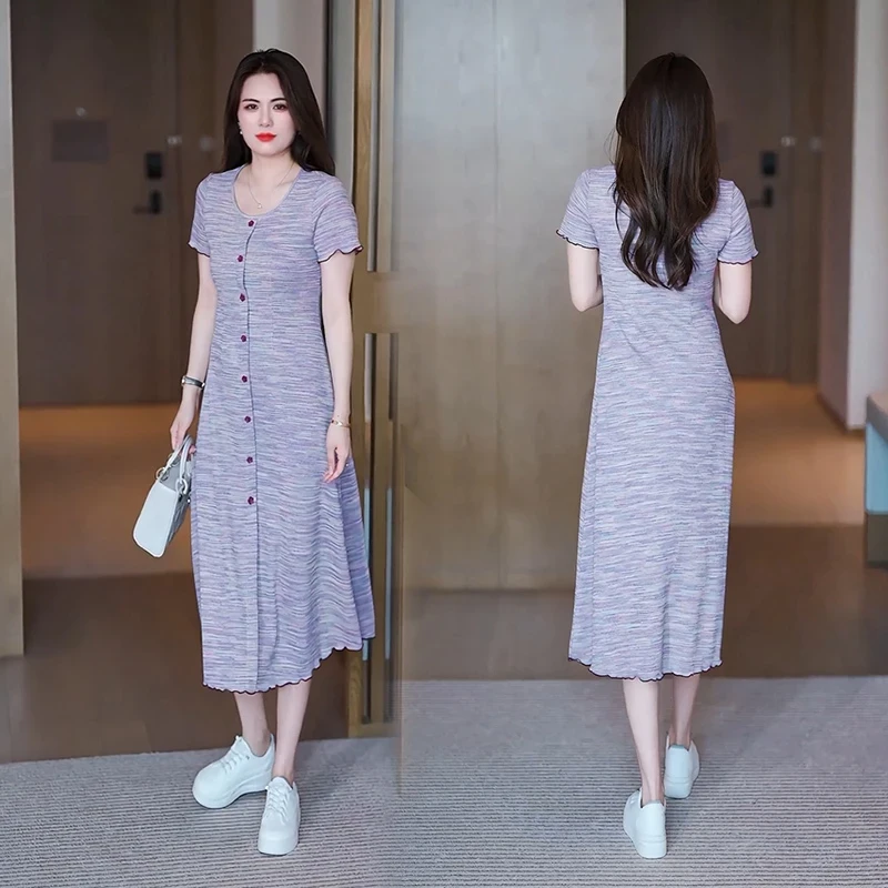 大码女装2025夏季新款圆领针织连衣裙波浪边短袖胖MM裙子