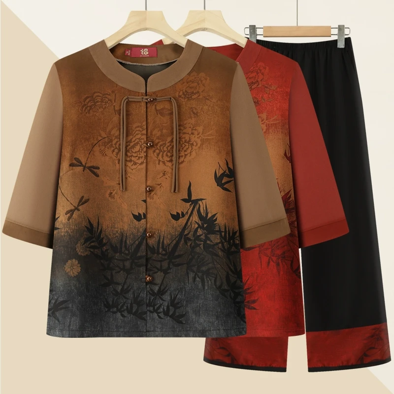 中老年人夏装套装洋气妈妈装七分袖开衫上衣两件套夏季奶奶衬衫女