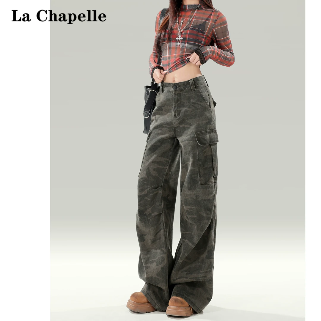拉夏贝尔美式军绿迷彩阔腿牛仔裤女2025春秋新款辣妹风嘻哈工装裤