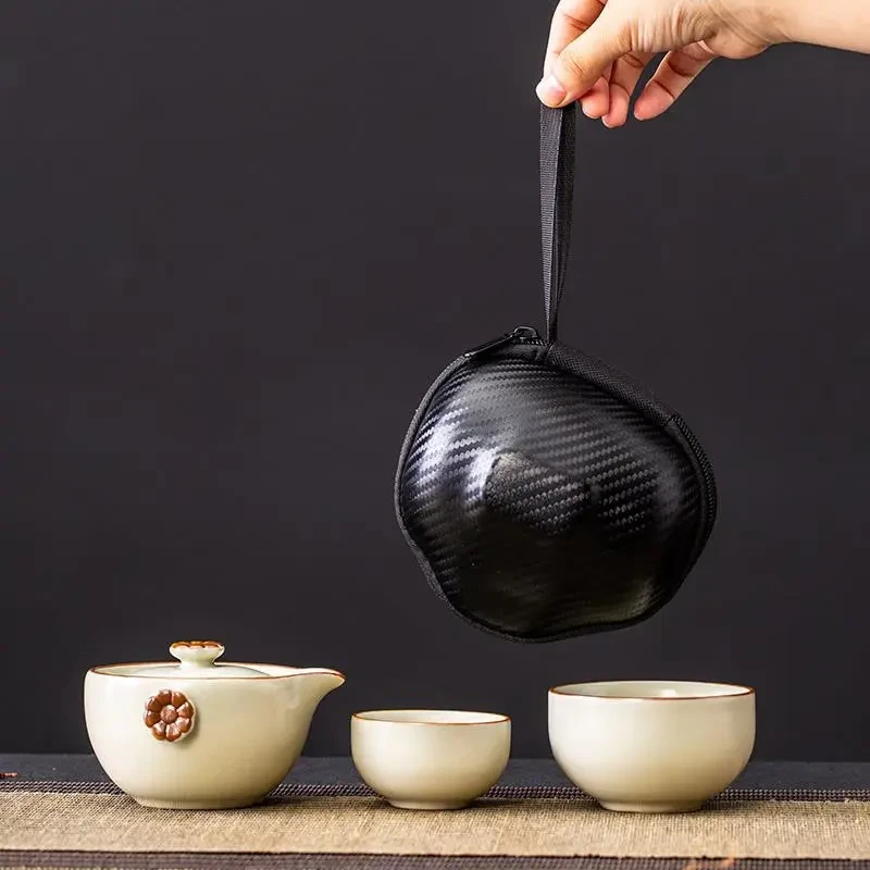 米黄汝窑旅行茶具套装一壶二杯快客杯便携陶瓷泡茶壶茶杯H286