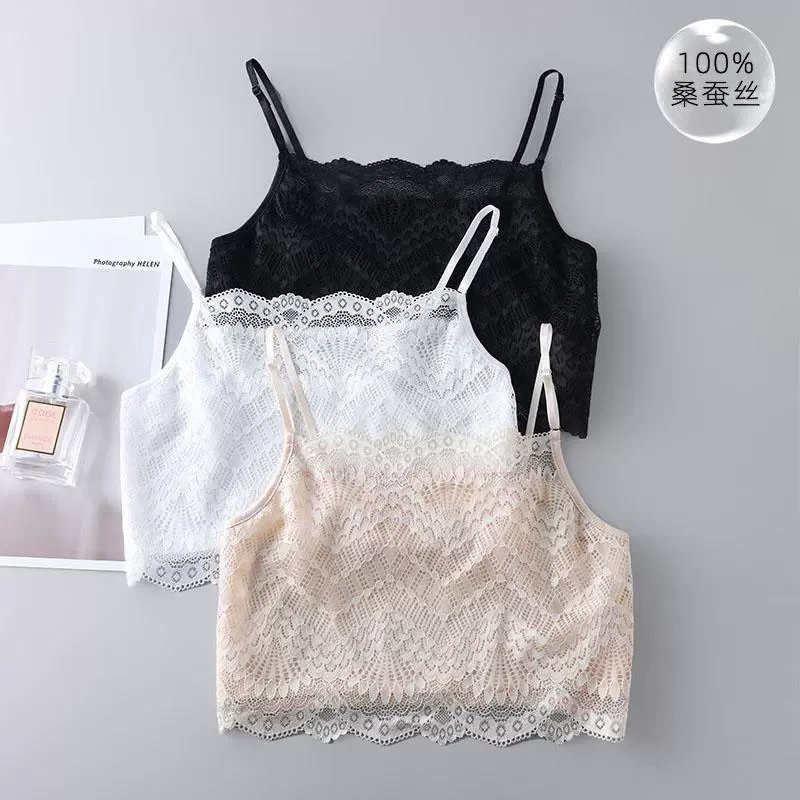 6A高品质100%桑蚕丝女士蕾丝抹胸无胸垫防走光真丝内搭裹胸女内衣