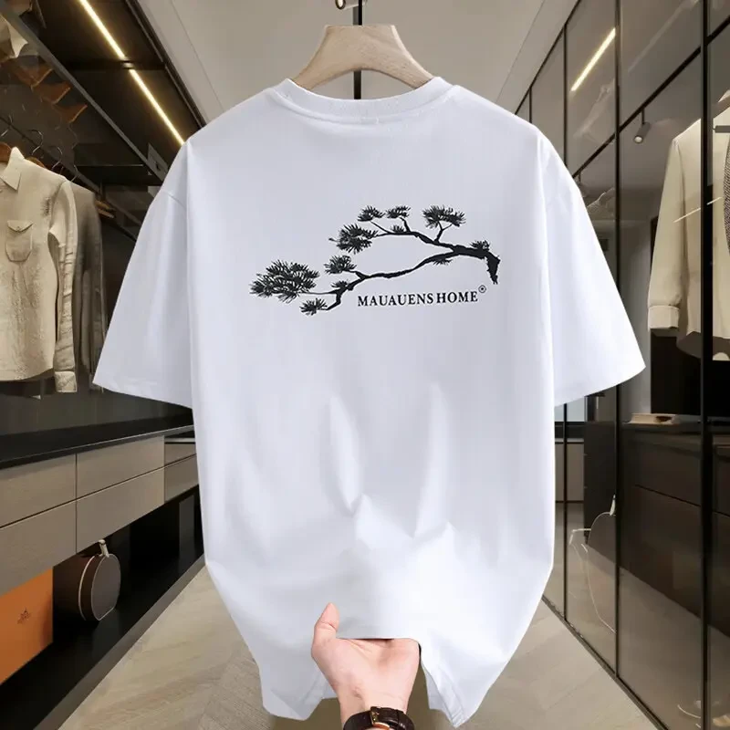 夏季潮流宽松短袖植物花卉青年透气日常圆领男装T恤聚酯纤维棉