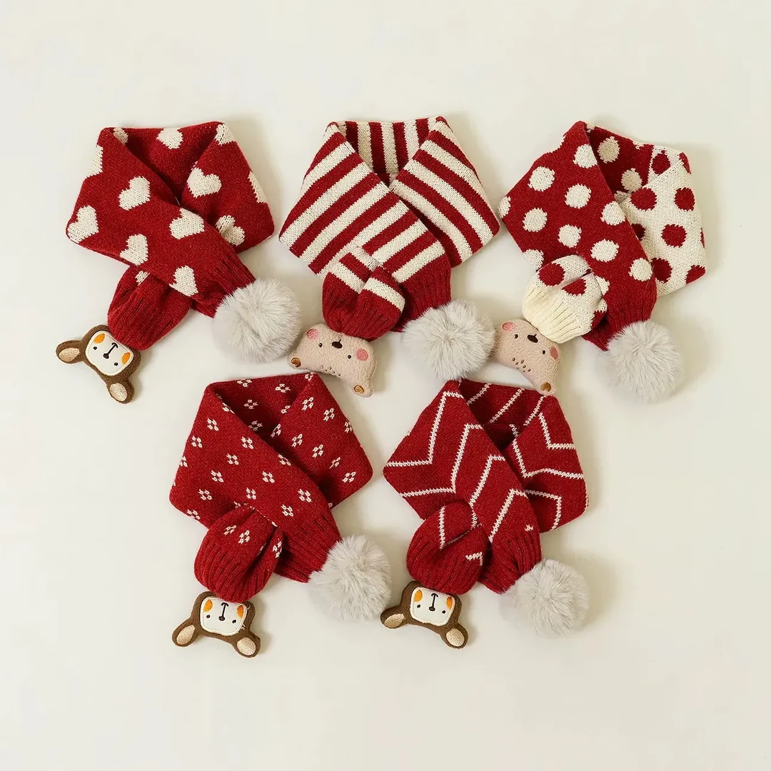 儿童围巾冬季女孩百搭新年红色保暖防风宝宝婴儿毛线针织交叉围脖