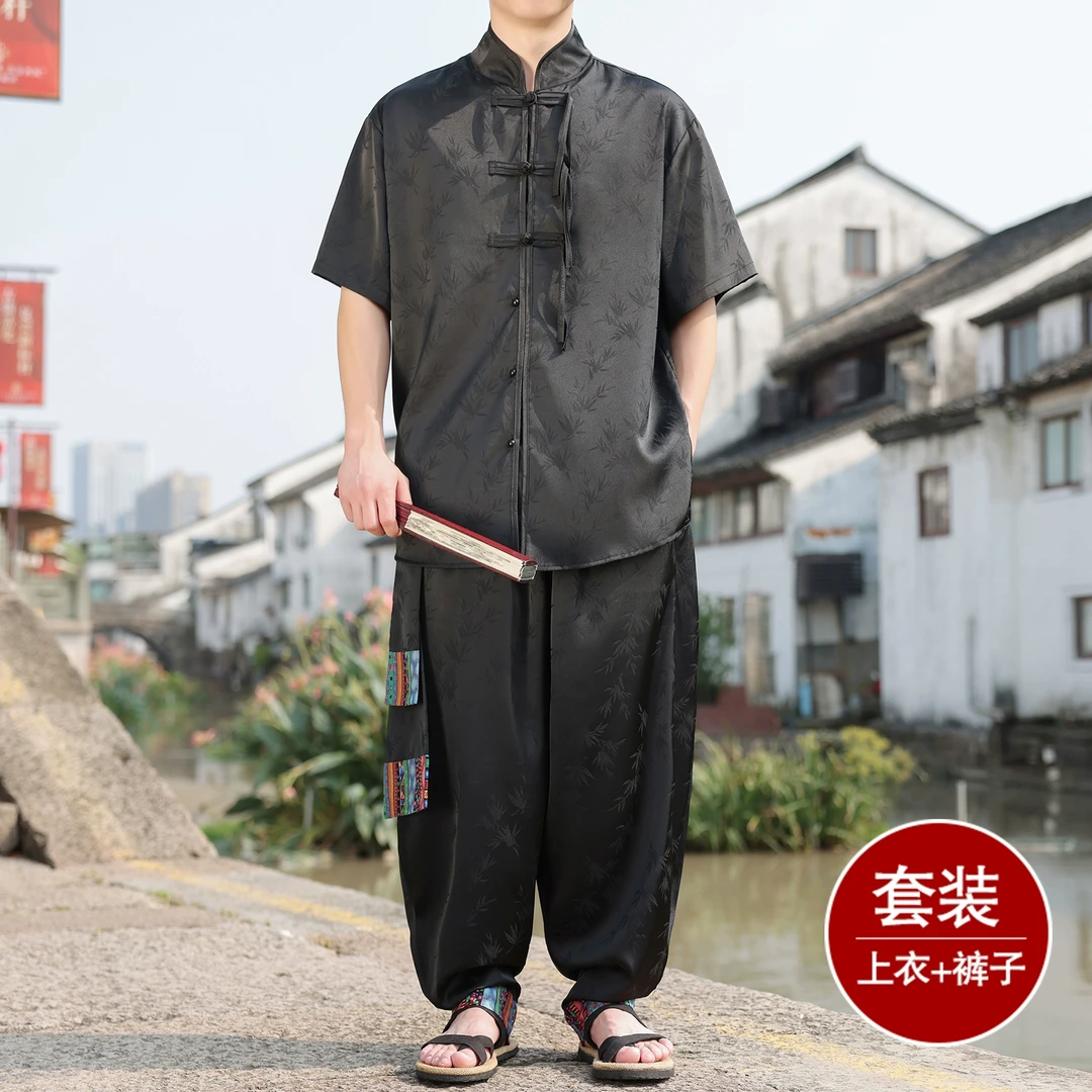 复古潮牌唐装男夏季薄款中国风提花冰丝套装大码宽松立领盘扣茶服