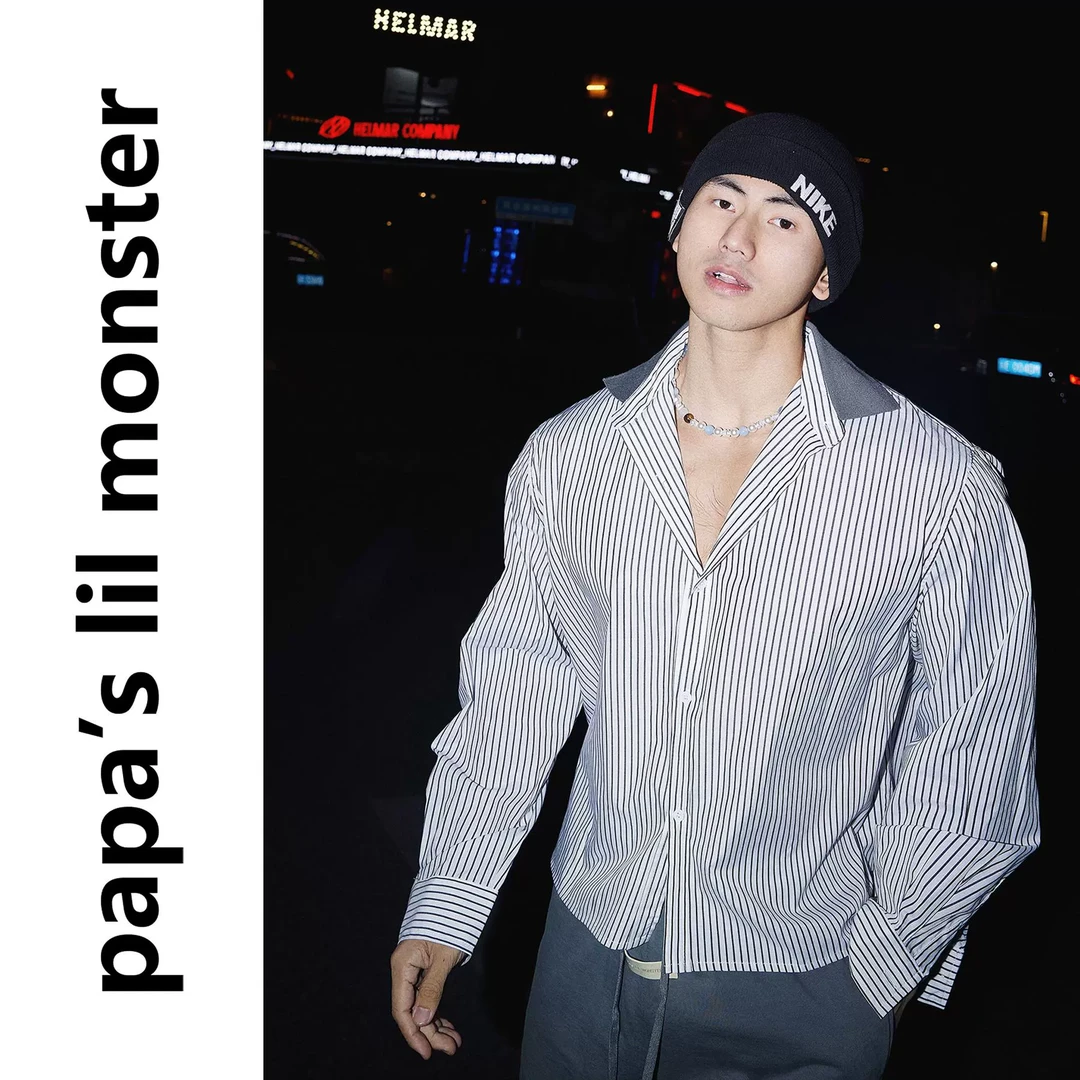 PAPASLILMONSTER美式蓝白条纹衬衫男修身短款商务潮流简约高级感