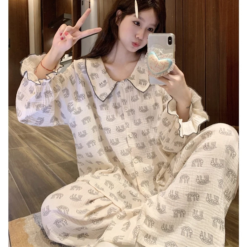 睡衣女春秋长袖长裤云朵棉卡通可爱可外穿女士ins家居服套装秋季