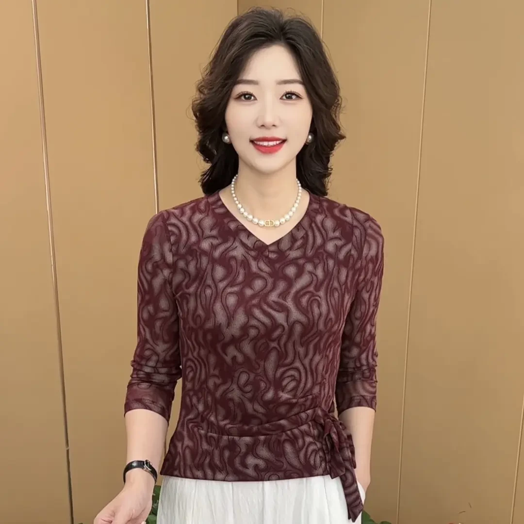 早秋新款时尚领系带收腰设计感洋气妈妈装显瘦百搭长袖上衣K9810