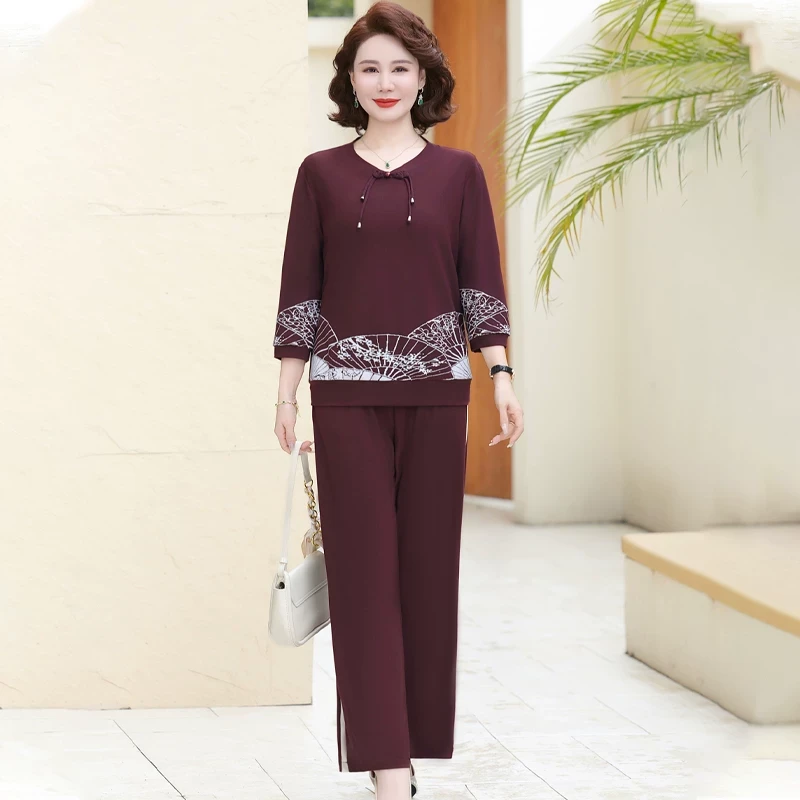 妈妈夏装时尚套装阔太太休闲恤女中老年女装七分袖阔腿裤两件套